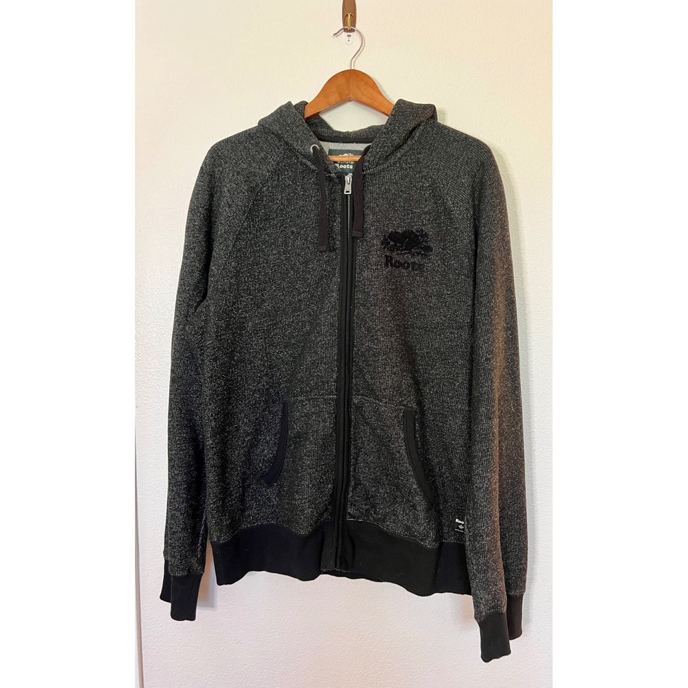 Roots Full Zip Hoodie L Gray Salt & Pepper Beaver Logo Cozy Canada Zip
